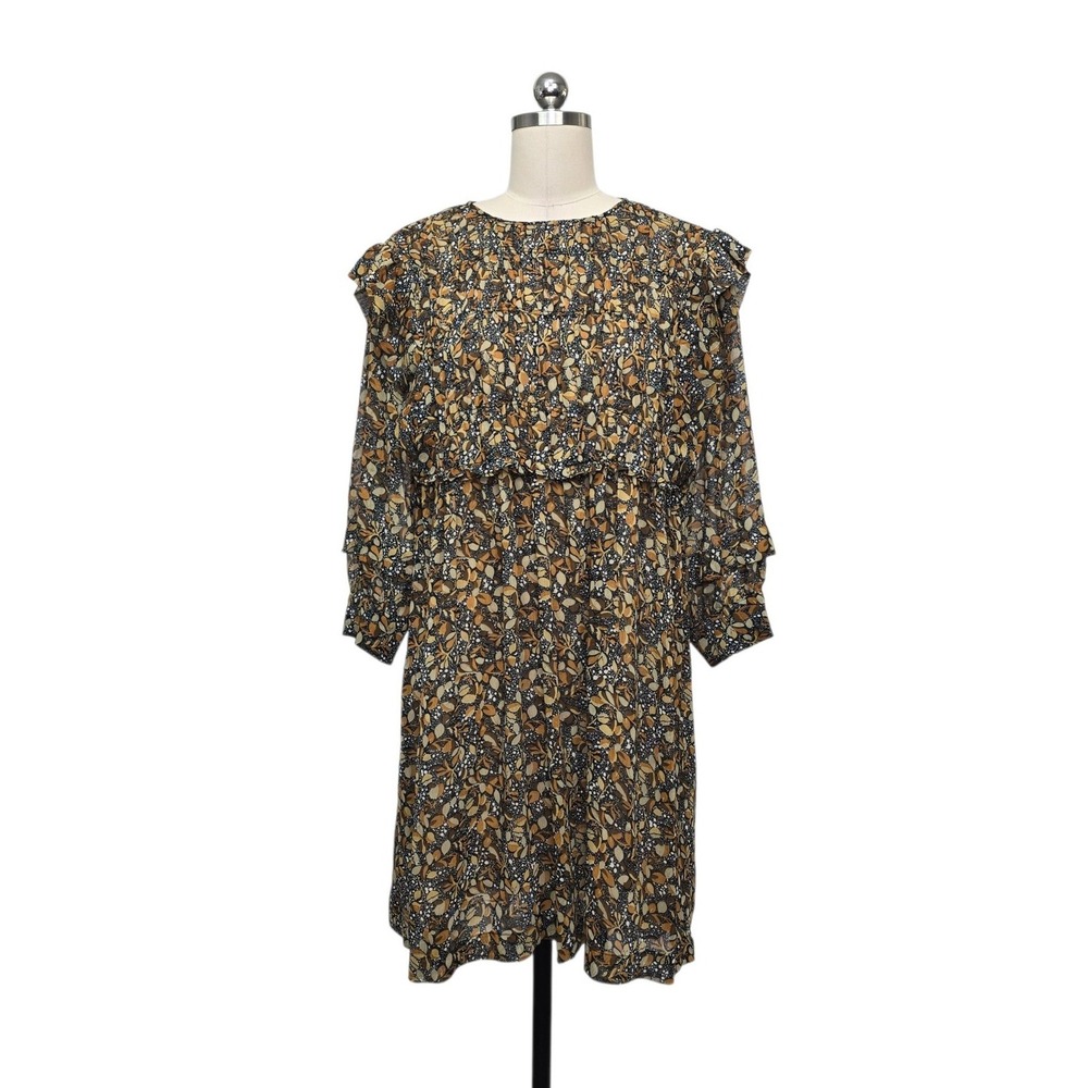 Ba&sh Floral Ruffle Mini Dress Size 2 Brown Ochre Leaf Print Long Sleeve Boho